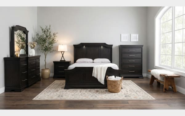 Traditional bedroom set in dark espresso rubberwood solids and veneers, featuring a bed, nightstand, dresser, and chest with soft-closing drawers and classic detailing.