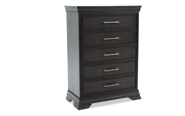 Avalon Espresso 5 Drawer Lift-Top Chest in traditional style, made of dark rubberwood solids and veneers with silver handles, featuring soft-close drawers and detailed molding.