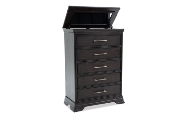 Avalon Espresso 5 Drawer Lift-Top Chest in traditional style, made of dark rubberwood solids and veneers, featuring soft-close drawers with dovetail joints, felt and cedar linings, and a lift-top with hidden storage and mirror.
