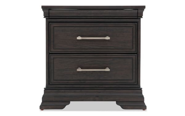 Traditional Avalon Espresso 2 Drawer Nightstand in dark rubberwood solids and veneers, with soft-close drawers, metal handles, and decorative molding.