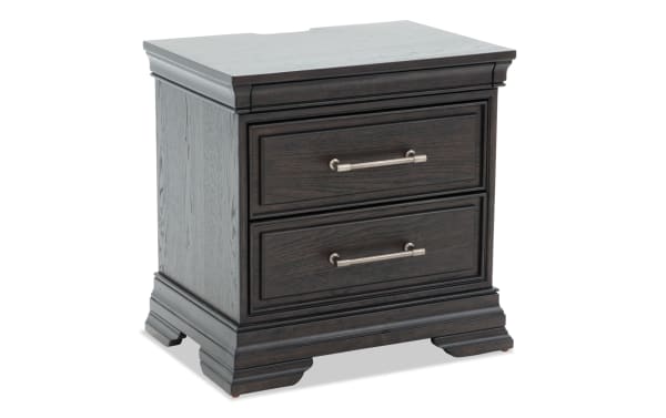 Traditional Avalon Espresso 2 Drawer Nightstand in dark rubberwood solids with veneers, featuring metal handles, soft-close drawers, and detailed molding.