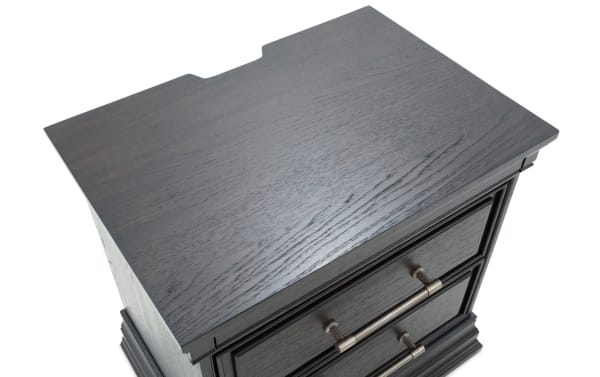 Traditional Avalon Espresso 2 Drawer Nightstand in dark rubberwood with veneers, featuring metal bar handles and detailed molding from Avalon Bedroom collection.