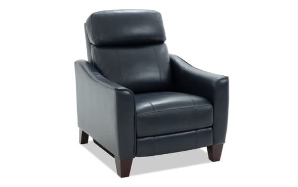 Black leather recliner chair with padded headrest, curved armrests, and wooden tapered legs, ideal for living room seating.