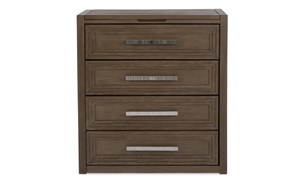 Four-drawer wooden chest in dark brown finish with rectangular metal handles, featuring a classic paneled design for bedroom storage.