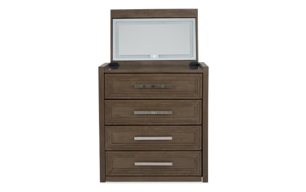 Brown wooden dresser with four drawers and a built-in rectangular LED mirror on top, featuring modern metal handles and a rustic finish.