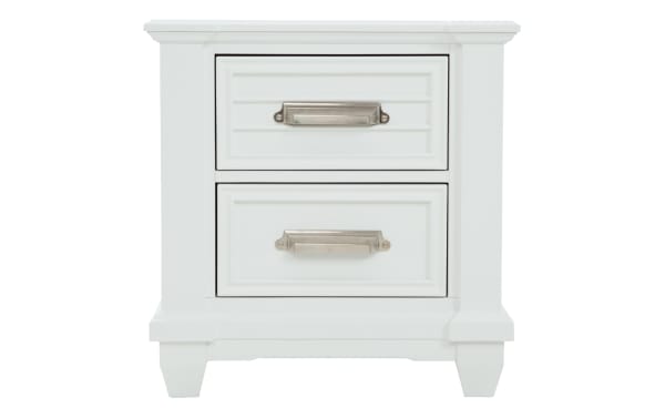 Sunset Cove Youth White 2 Drawer Nightstand in coastal style, made of white MDF with smooth drawer glides and a felt-lined top drawer.