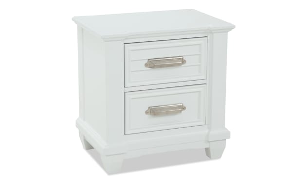 Sunset Cove Youth White 2 Drawer Nightstand in coastal style, made of white MDF with smooth drawer glides and felt-lined top drawer.