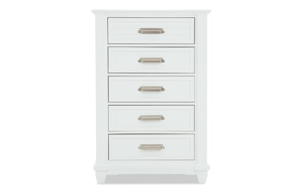 Sunset Cove Youth White 5 Drawer Chest in coastal style with MDF construction, smooth glides, felt-lined top drawer, and clean white finish.