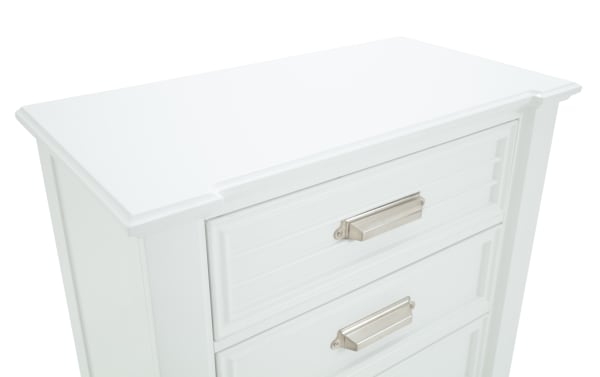 Sunset Cove Youth White 5 Drawer Chest in coastal style, made of white MDF with smooth glides and a felt-lined top drawer for secure storage.