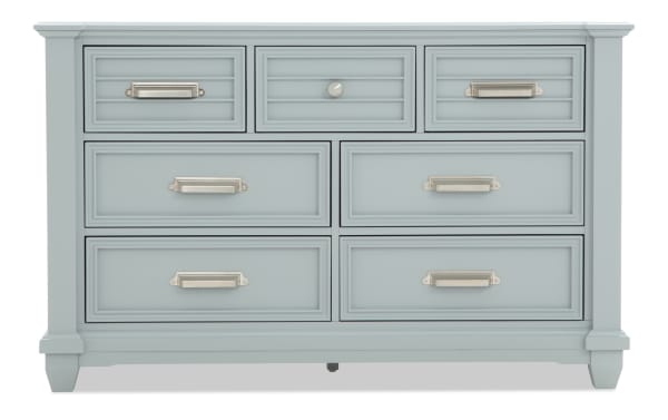 Sunset Cove Youth Gray 7 Drawer Dresser in coastal style with smooth-gliding MDF drawers, felt-lined top drawer, and sleek gray finish.