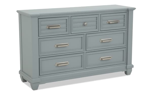 Sunset Cove Youth Gray 7 Drawer Dresser in coastal style with smooth-gliding MDF drawers, felt-lined top drawer, and sleek gray finish.