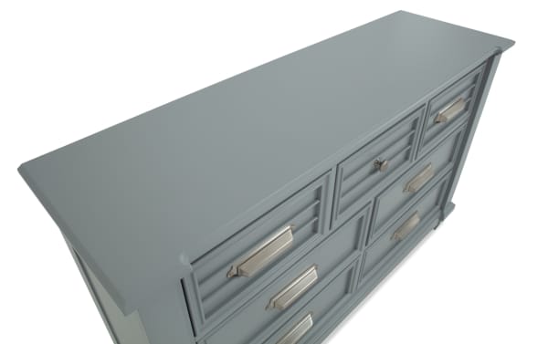 Sunset Cove Youth Gray 7 Drawer Dresser in coastal style, made of gray MDF with seven smooth-gliding drawers, including a felt-lined top drawer for kids' rooms.