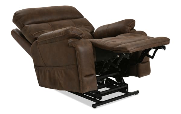 Brown leather power lift recliner chair with padded armrests and cushioned backrest, designed for comfort and easy standing assistance.