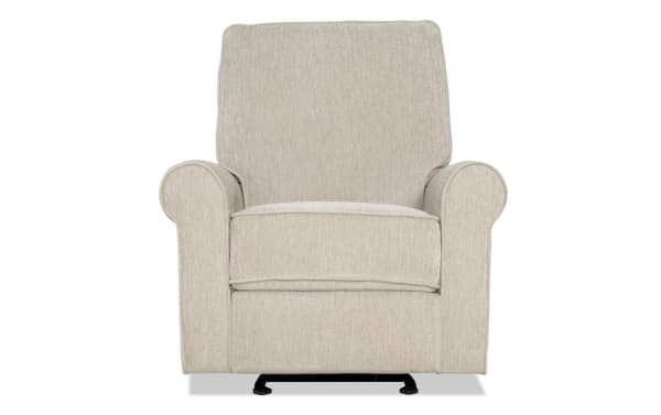 Beige fabric recliner chair with cushioned backrest, padded armrests, and a sturdy base, designed for comfort and relaxation.