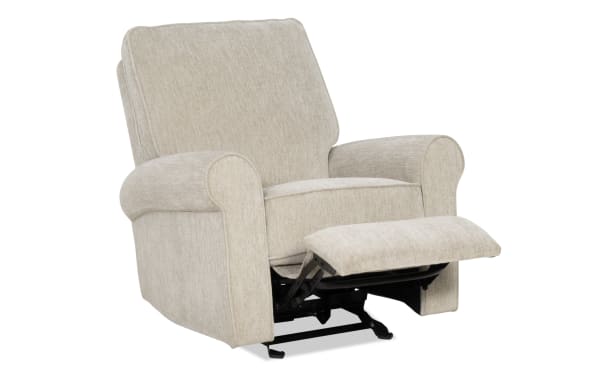 Beige fabric upholstered recliner chair with padded armrests and cushioned backrest, featuring a partially extended footrest for comfort and relaxation.