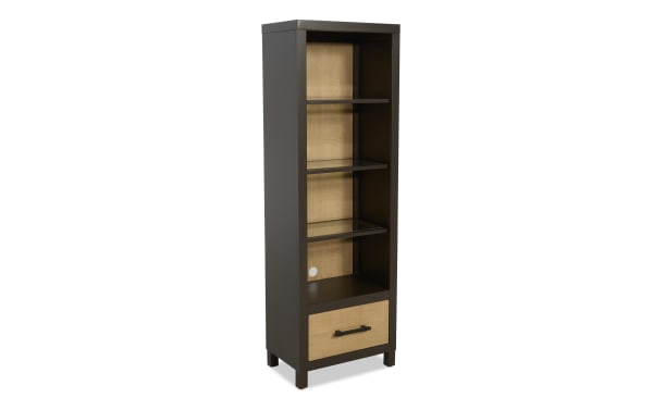 Tall black and natural wood bookshelf with three glass shelves and one drawer, featuring a black handle and a cable management hole.