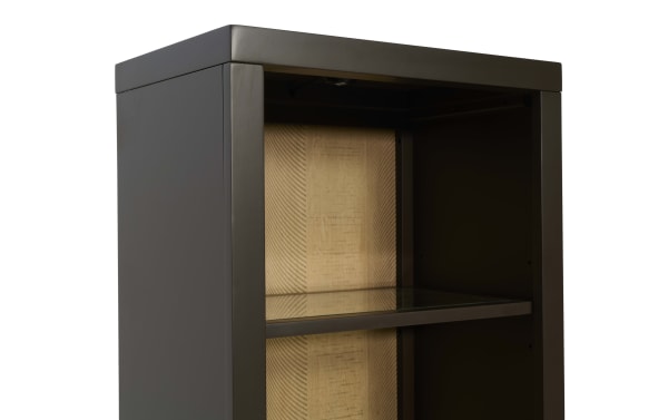 Black metal open shelving unit with a glass shelf and a textured wooden back panel, suitable for modern home or office storage.