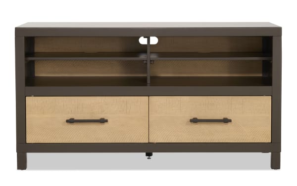 Modern TV stand with dark brown metal frame, light wood drawer fronts, two drawers with black handles, and open shelves for media devices.