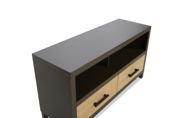 Modern black and natural wood TV stand with two drawers, metal handles, and an open shelf for media devices or decor.