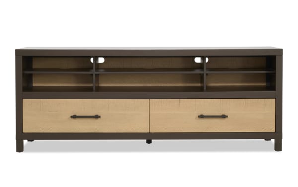 Modern two-tone wood TV stand with dark brown frame and light natural wood drawer fronts, featuring two drawers and open shelving for media devices.