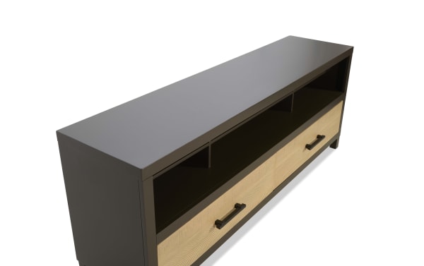 Modern black and wood TV stand with open shelves and a large drawer, featuring a sleek matte finish and metal handles.