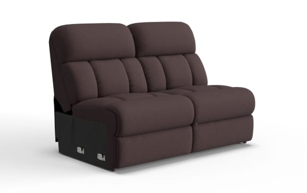 Modern two-seater recliner sofa in dark brown fabric upholstery with plush cushioned backrest and seat, featuring a compact design ideal for living rooms.