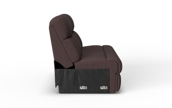 Side view of a dark brown fabric recliner chair with cushioned backrest and seat, featuring a black leather base cover and metal recline mechanism.