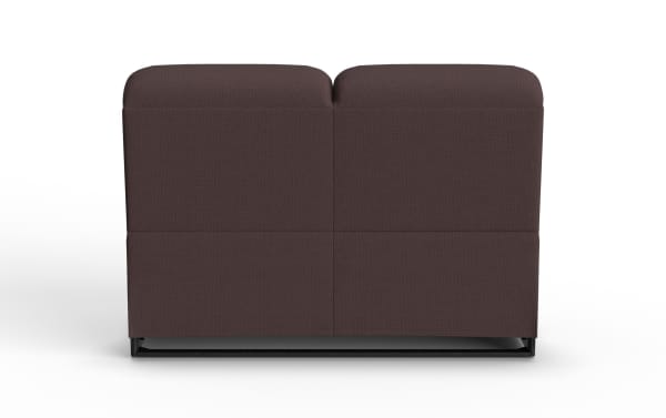 Dark brown fabric upholstered loveseat with a modern, minimalist design and black metal base, suitable for contemporary living spaces.