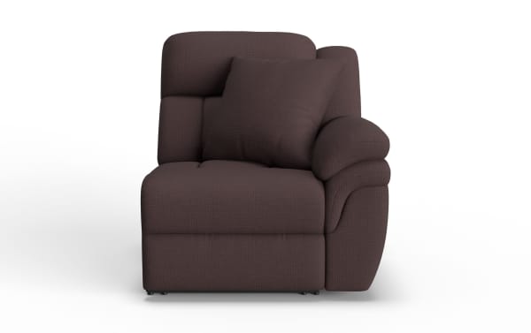 Dark brown fabric upholstered single-seat sofa with plush cushioning, rounded armrest, and matching square throw pillow, modern design.