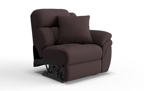 Dark brown fabric recliner chair with plush cushioning, padded armrests, and a matching throw pillow, showcasing a partially extended footrest mechanism.