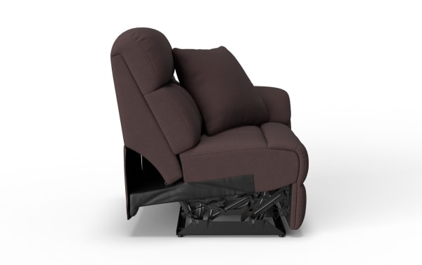 Brown fabric reclining chair with cushioned backrest and seat, featuring visible metal reclining mechanism and padded armrests.