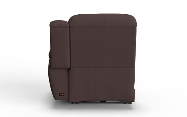 Dark brown fabric recliner chair shown from the side, featuring cushioned armrest and backrest, with a visible control switch for reclining function.