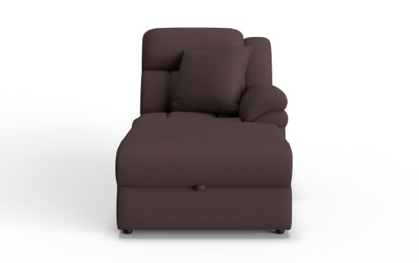 Dark brown fabric chaise lounge with cushioned backrest, armrest on the right side, and matching throw pillow, designed for comfortable seating and relaxation.