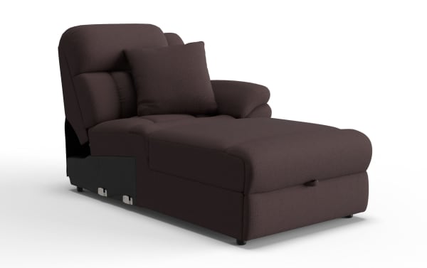 Dark brown fabric chaise lounge with cushioned backrest, armrest, and matching pillow, featuring a modern, plush design for living room comfort.
