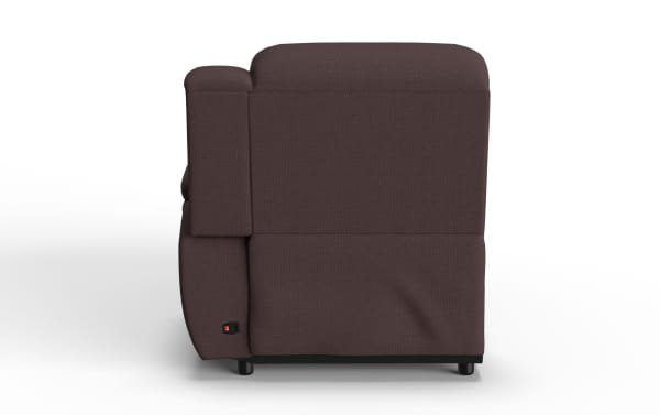 Dark brown fabric recliner chair shown from the side, featuring a textured upholstery and a visible recline control switch near the base.