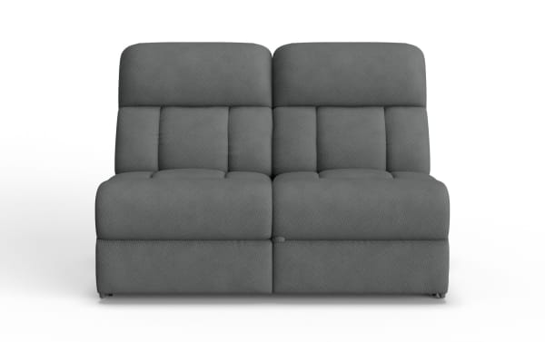 Modern gray fabric two-seater recliner sofa with cushioned backrest and padded seats, designed for living room comfort and style.