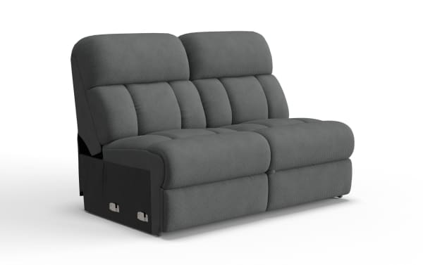 Gray fabric reclining loveseat with plush cushioned seats and backrests, featuring a textured upholstery and metal reclining mechanism on the sides.