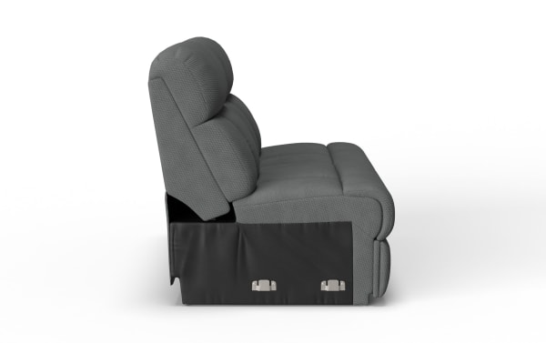 Gray fabric recliner chair with cushioned backrest and seat, featuring black leather side panel with metal recline release levers.