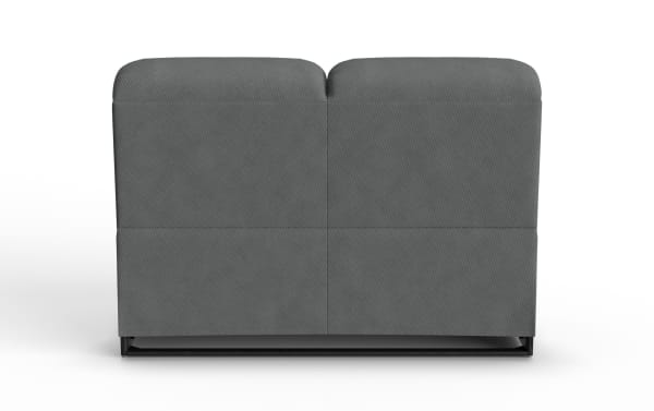 Modern two-seater sofa with dark gray fabric upholstery, featuring a textured finish and a minimalist metal base frame.