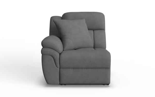 Dark gray fabric upholstered single armchair with plush cushioning, padded armrest, and matching throw pillow, ideal for living room seating.