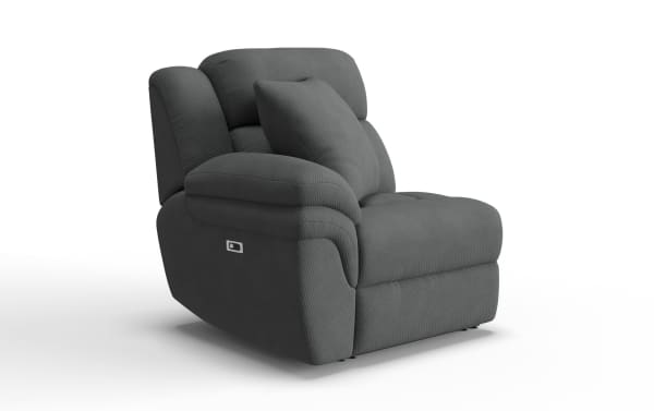 Dark gray fabric recliner chair with plush cushioning, padded armrests, and a side lever for reclining adjustment, ideal for living room comfort.
