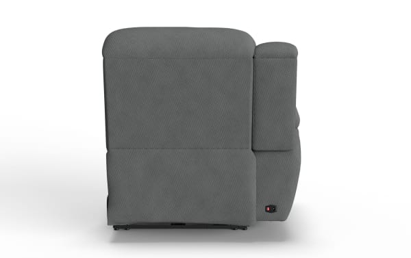 Gray fabric reclining chair shown from the side, featuring a textured upholstery and a visible power switch for electric reclining function.