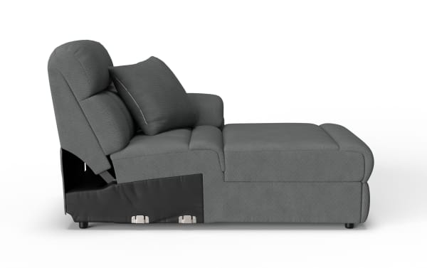 Gray fabric adjustable reclining sofa chair with cushioned backrest and armrest, featuring a textured upholstery and black base panel with metal clasps.