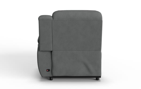 Gray fabric reclining chair shown from the side, featuring a textured upholstery and a visible reclining control switch near the base.