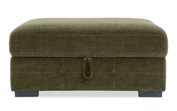 Green Playground Forest Storage Ottoman with plush polyester fabric upholstery, transitional style, memory foam top, and hidden storage compartment.
