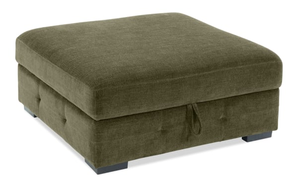 Green Playground Forest Storage Ottoman in transitional style with soft polyester fabric upholstery and memory foam cushion, featuring hidden storage space.