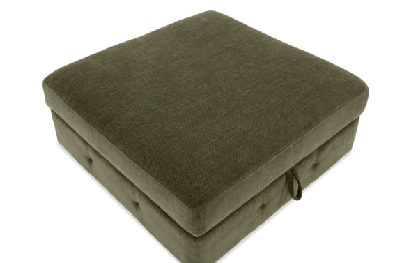 Green Playground Forest Storage Ottoman with plush polyester fabric upholstery, transitional style, and hidden storage for blankets or games.