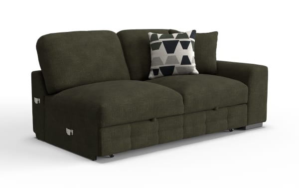 Dark green fabric reclining loveseat sofa with plush cushions and a decorative geometric-patterned throw pillow, designed for comfort and modern living rooms.
