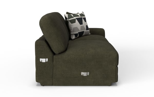 Dark olive green fabric sofa side view with textured upholstery, loose back cushions, and a geometric patterned throw pillow.