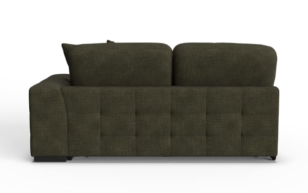 Dark olive green fabric sofa with tufted back panel, plush cushions, and wide armrest, showcasing modern upholstered sectional design.